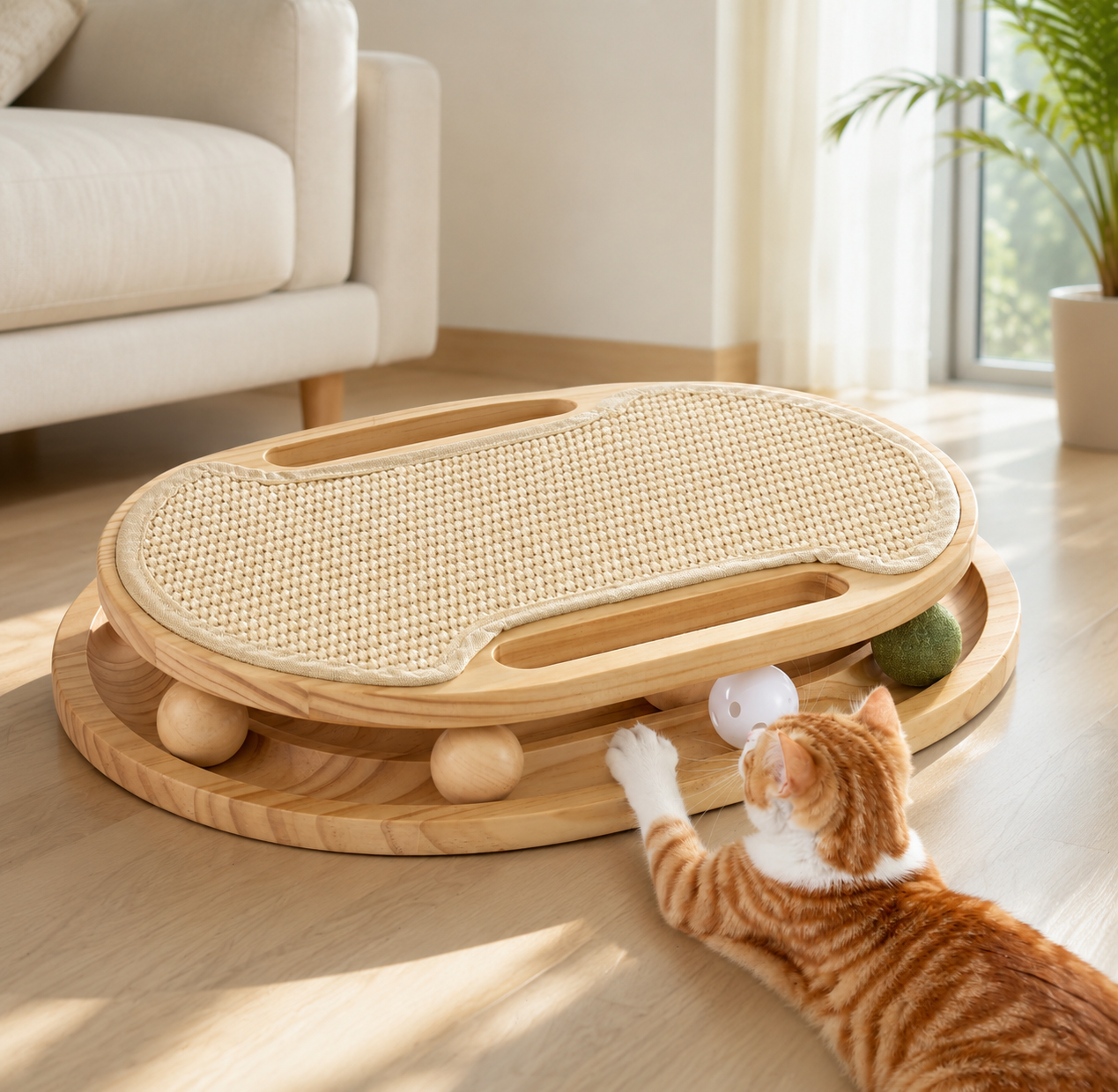 Cat scratcher with ball track toy and sisal scratch pad