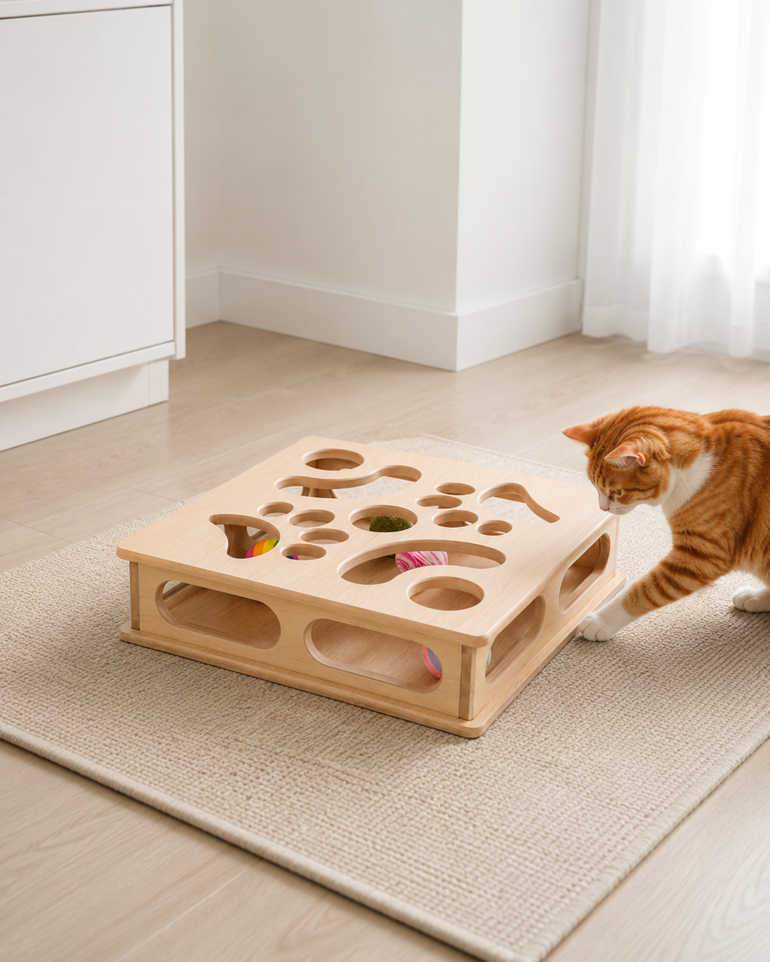 Cat interactive box puzzle toy with three balls and one bell