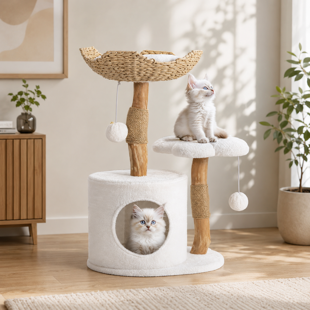 Easyego pure white aesthetic cat tree with flower platforms