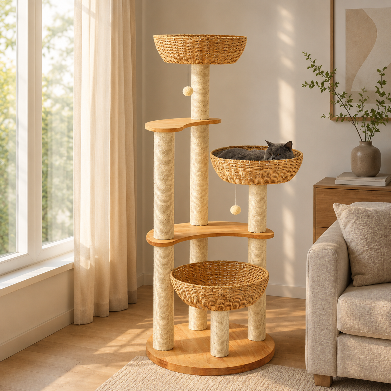 SHODMI 54 inch tall luxury wicker cat condo tower