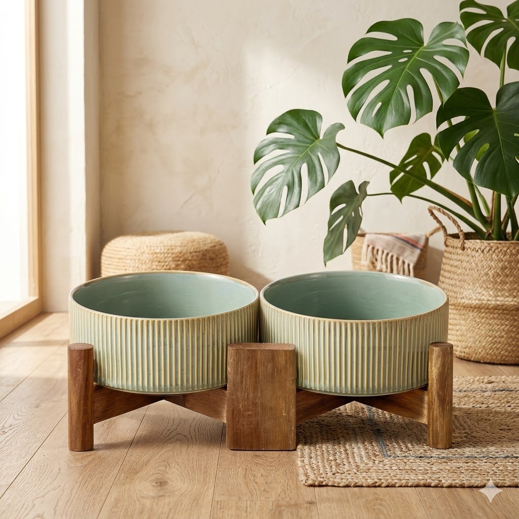 Ceramic dog bowls with acacia wood stand