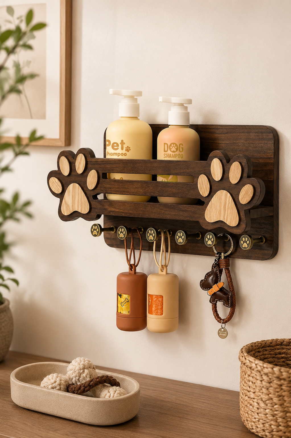 Acacia wood dog leash holder with shelf