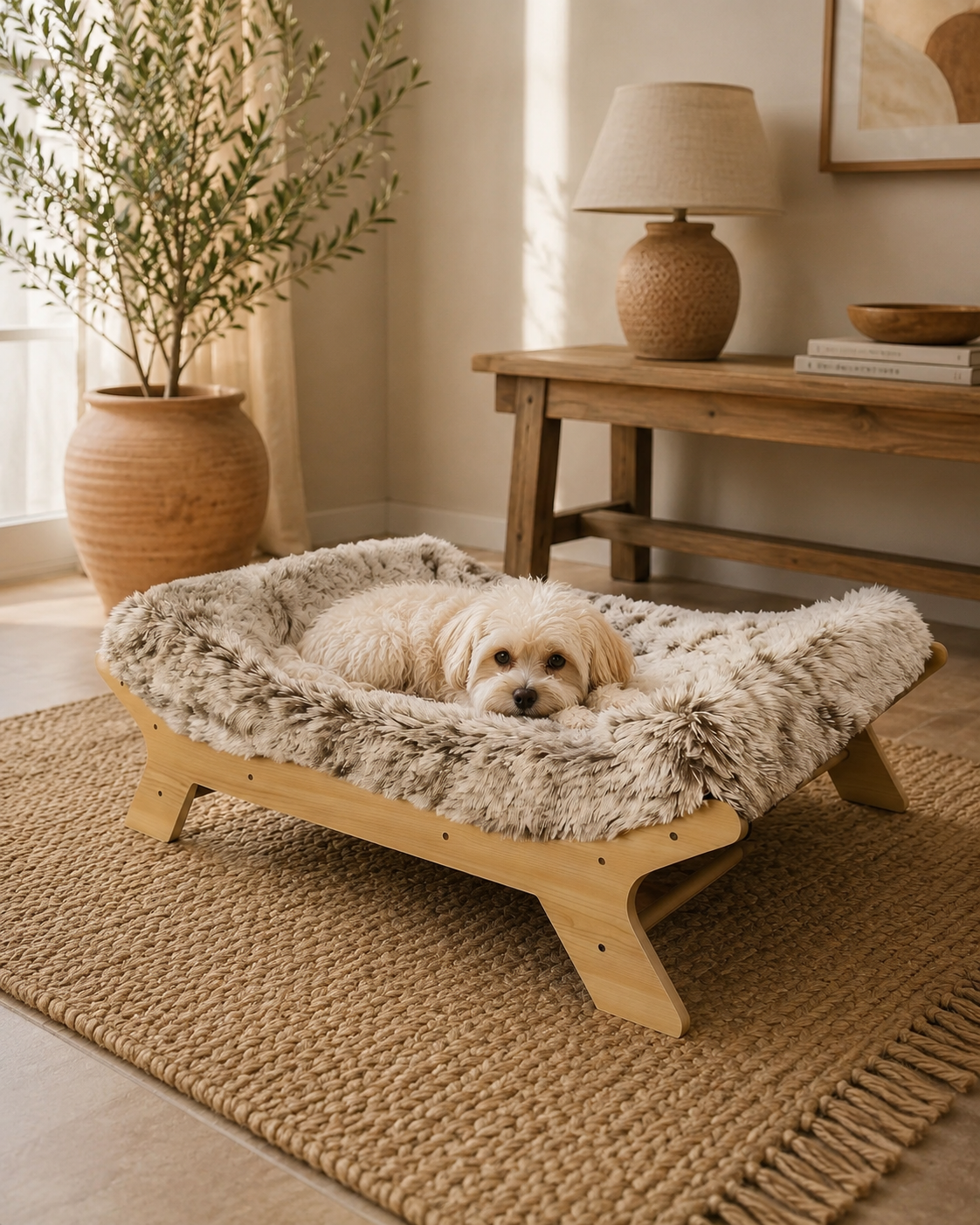 Raised wooden elevated dog bed frame