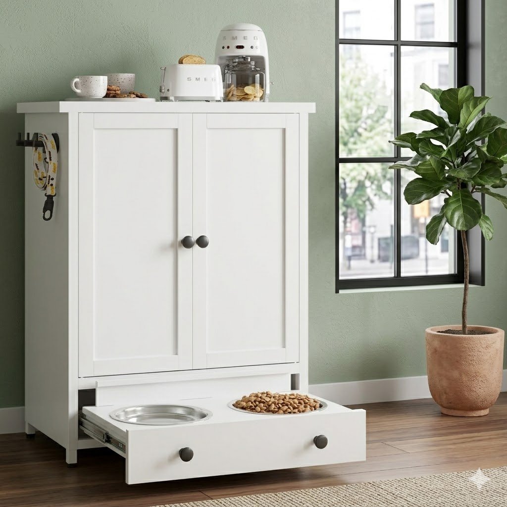 Dog feeding station with storage and hooks