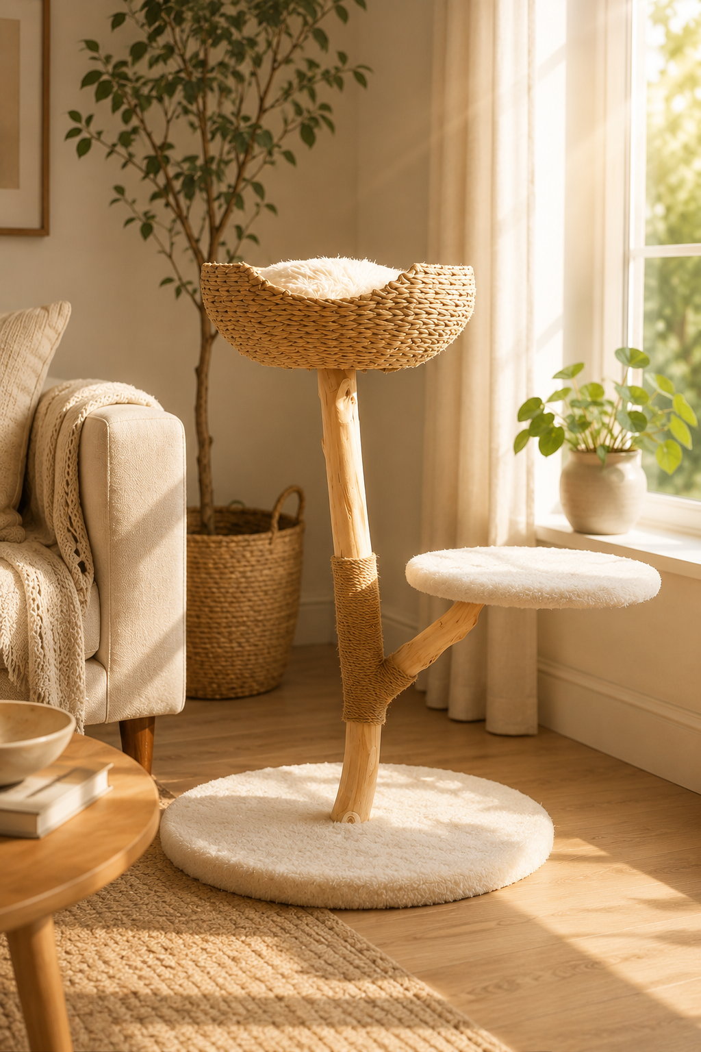 CAMTTIR Natural Pear Wood Cat Tower with wicker basket