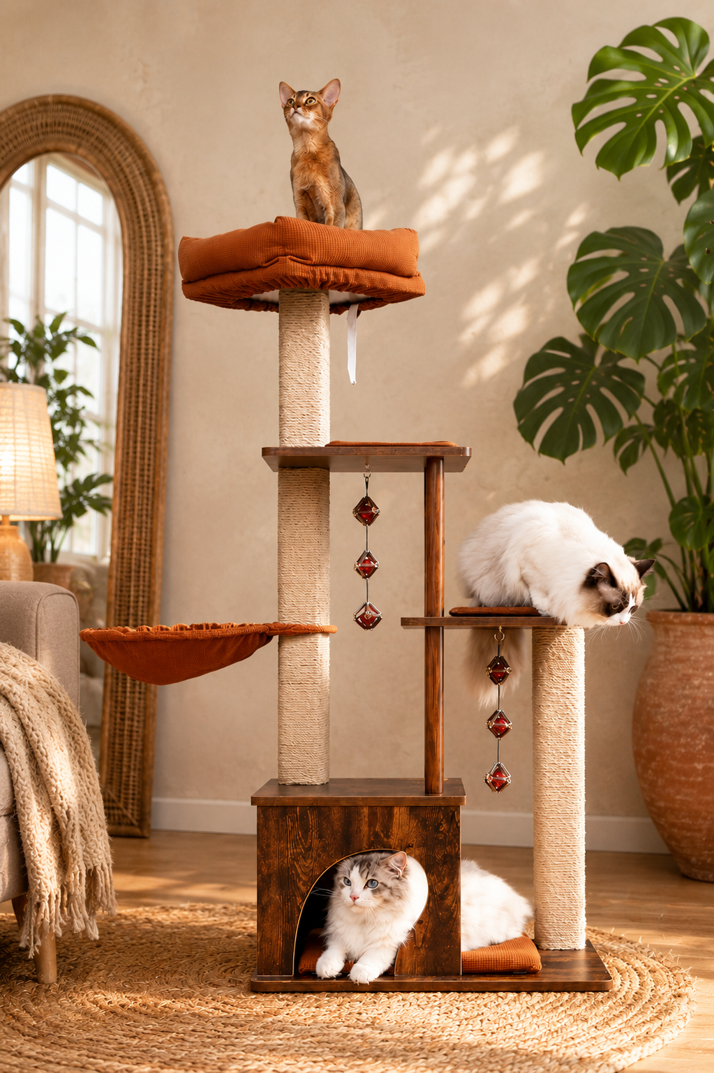 FUKUMARU retro brown cat tree with hammock and silvervine