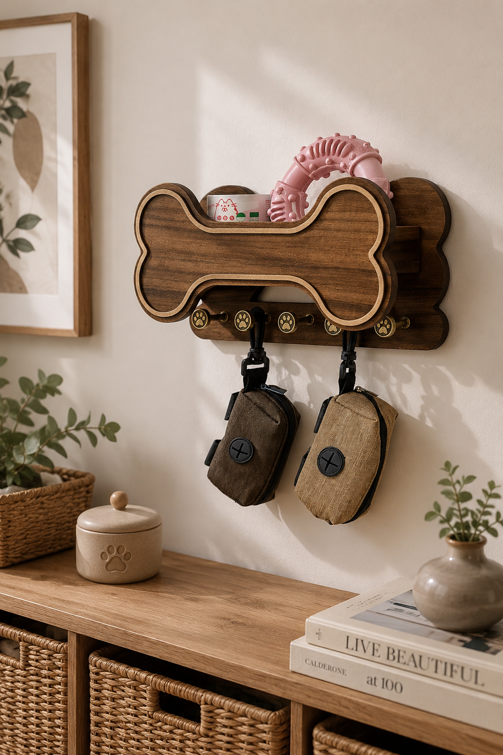 Decorative dog leash holder with paw hooks