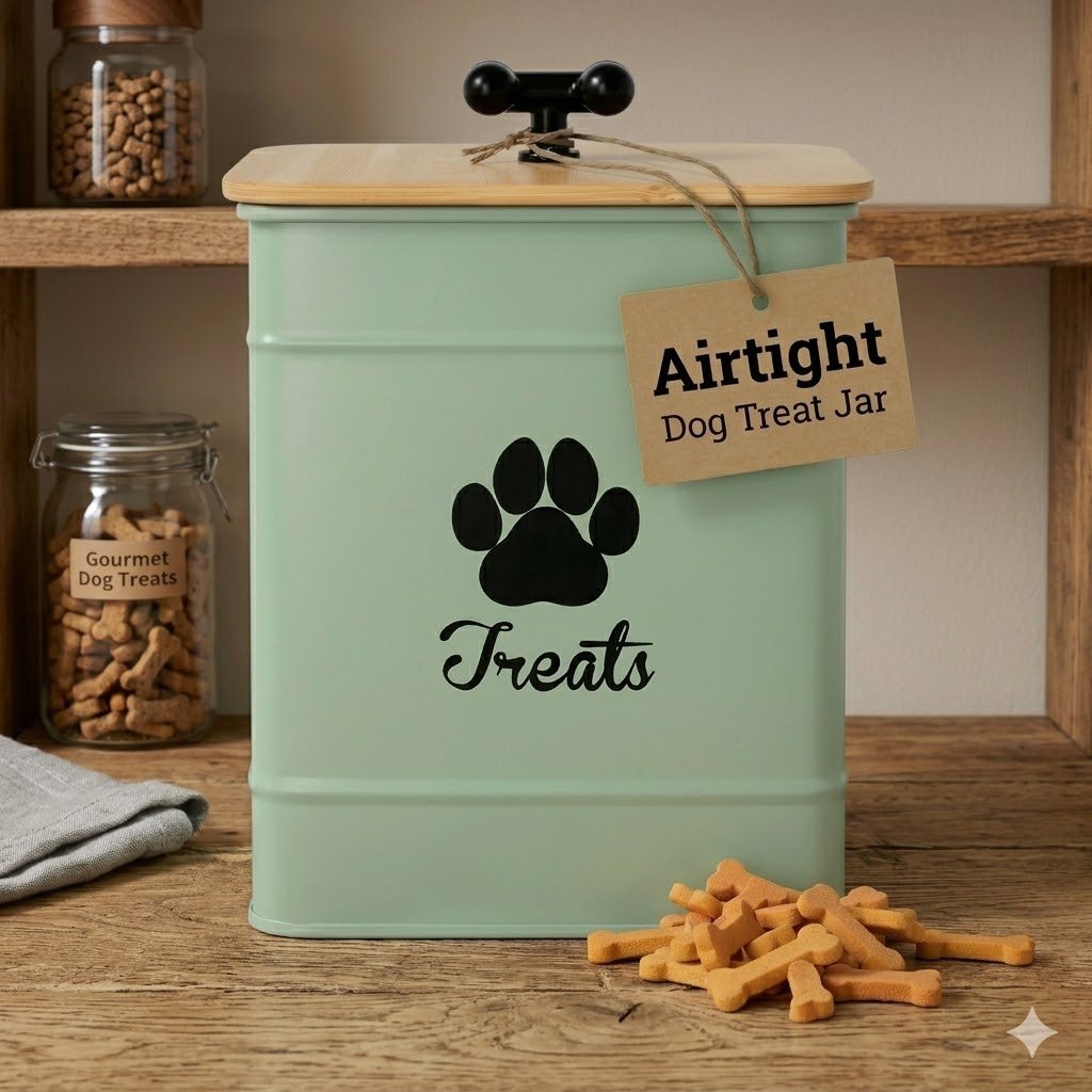 Iron dog treat jar with bamboo lid