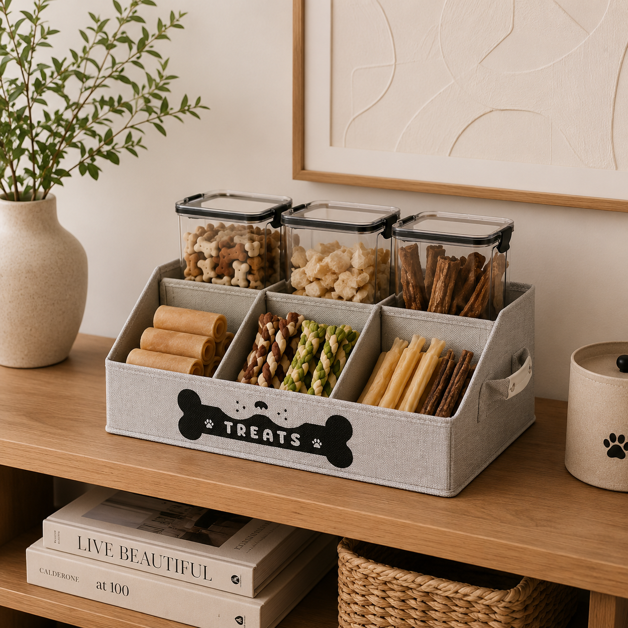 Dog treat container with removable dividers