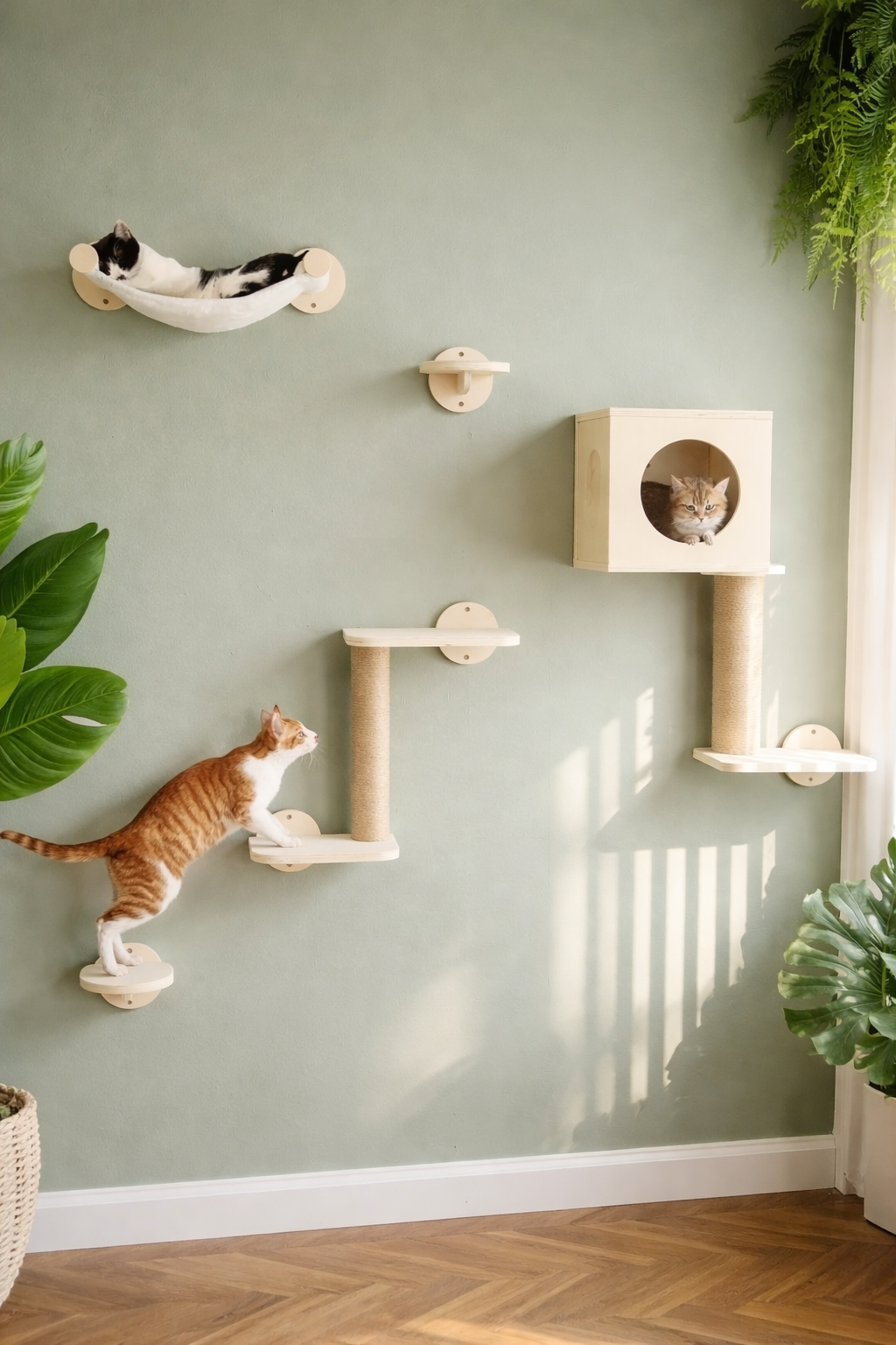 FUKUMARU Cat Wall Shelves 5-piece wooden wall-mounted furniture set