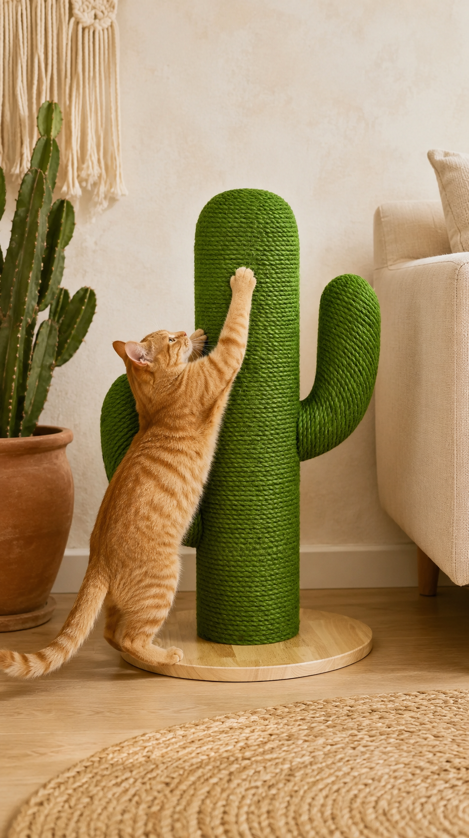 Cat scratching post with solid wood base and cactus columns