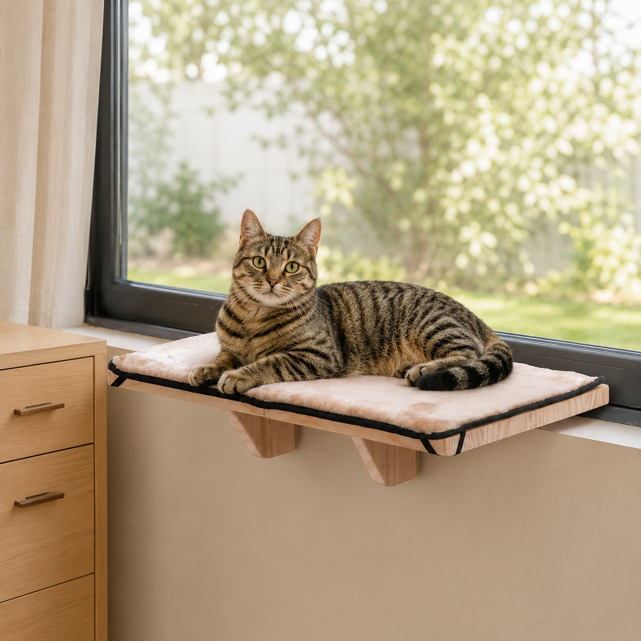PETSFIT Cat Window Perch for two cats natural solid wood